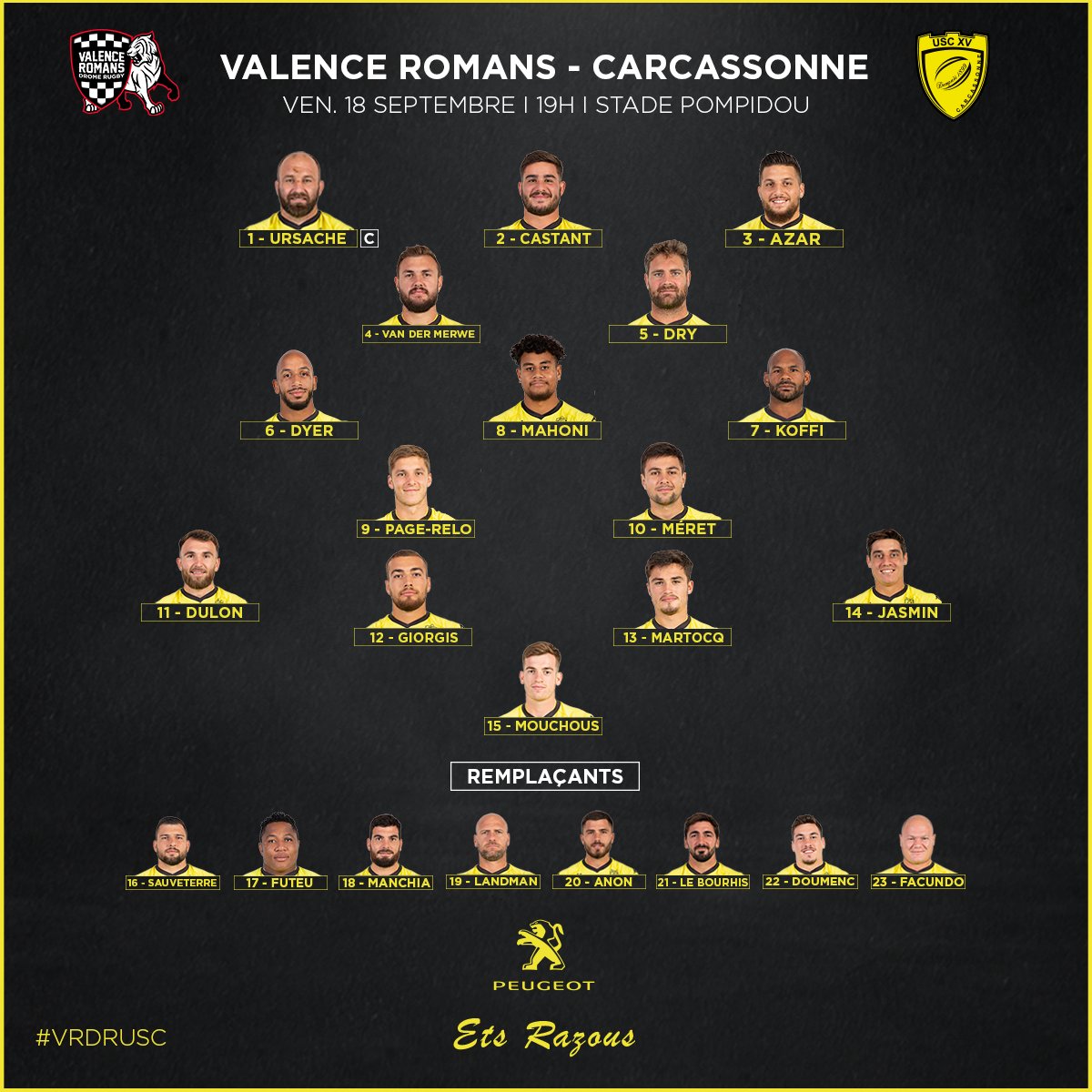 us_carcassonne's tweet photo. 👥 |  XV de départ #VRDRUSC

Découvrez les 23 Jaune&amp;Noir qui affronteront @VRDRrugby demain au stade Pompidou !

Coup d'envoi à 19h00 ⚡️

#TeamUSC https://t.co/DFeGEX6zIu