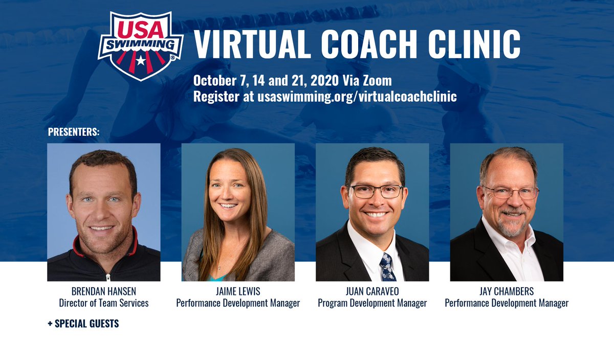 ❓: Virtual Coach Clinics
📅: Oct. 7, 14, &amp; 21
Register: bit.ly/2E9q3ms

We're bringing the Reginal Coaching Clinics to your computer screen! Join us for 3⃣ sessions as we share tips on stroke technique, team culture, professional development, &amp; more.