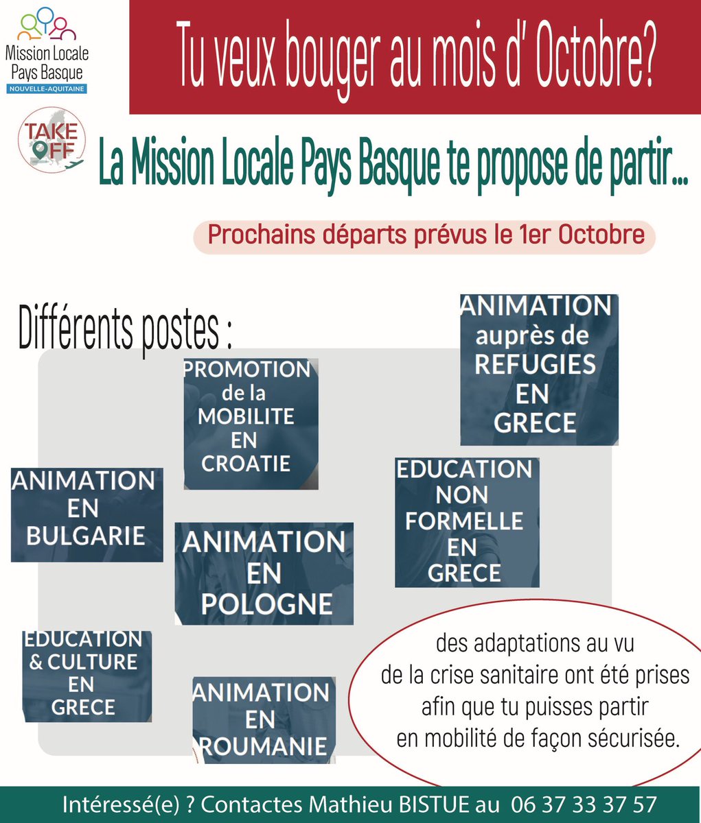 MissionLocalePB's tweet photo. #mobilité #internationale #Takeoff ✈️ de @pistesolidaires 
#Takeoff opportunité engagement 1 mois sur #mission dans #pays #européen
 #animationsociale #culturelle #éducation à #environnement #citoyenneté ...
Départs possibles en Octobre et Novembre! https://t.co/due8BGxqn3