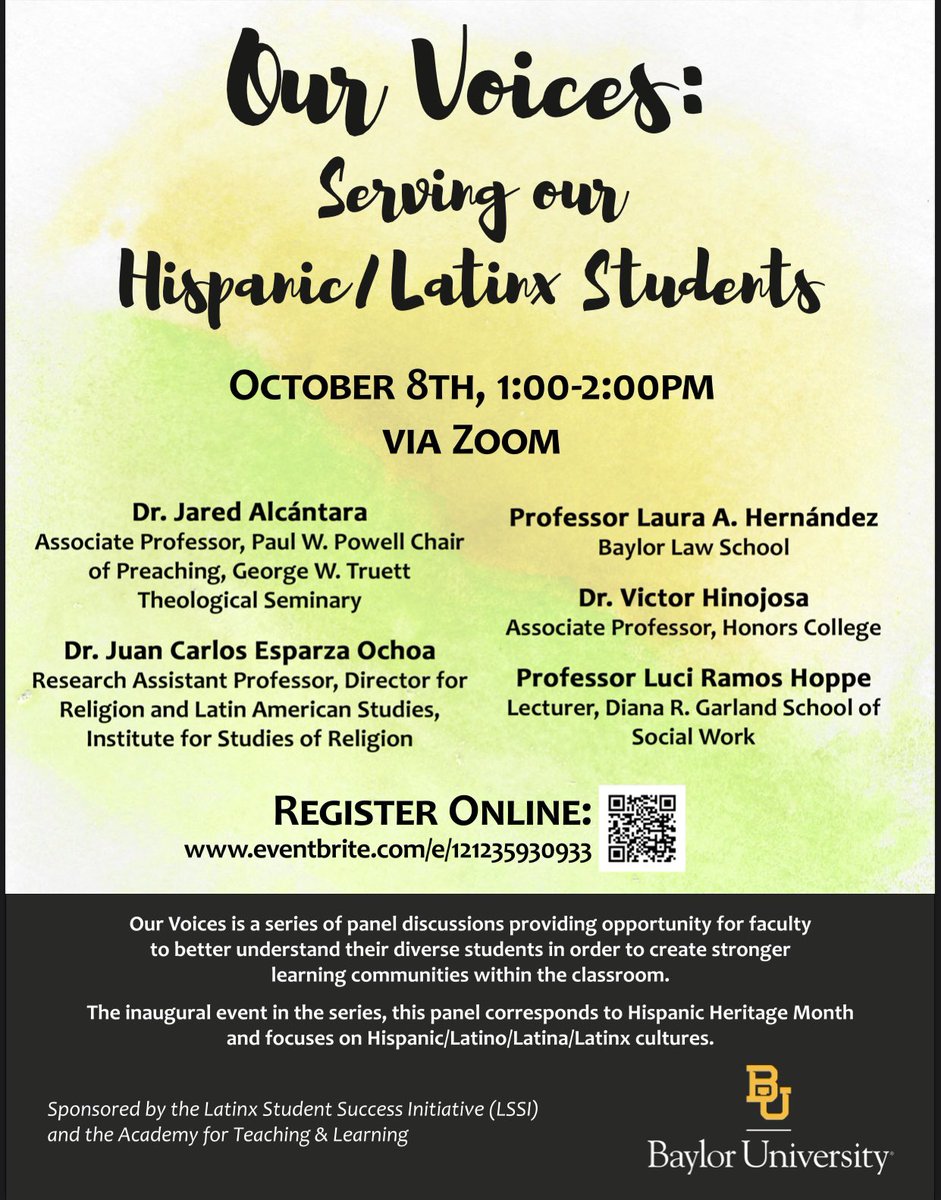 Join us on October 8th from 1-2pm for "Our Voices". This discussion panel aims to provide opportunities for professors to better understand their students (while focusing on Hispanic/Latinx cultures) to create stronger learning communities in the classroom. Te veo allí! #VivaHSA