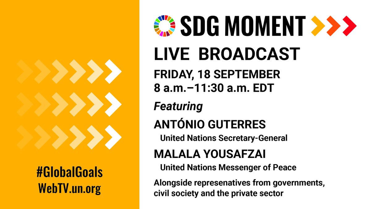 Global Goals (@globalgoalsun) on Twitter photo Mark your calendar! 1st SDG Moment will take place on Friday at 8 am EDT, featuring <a href="/antonioguterres/">António Guterres</a>, <a href="/malala/">Malala Yousafzai</a>, & reps of Gov’ts, civil society & private sector.
It’ll provide a snapshot on #GlobalGoals progress & set out a vision for a #DecadeofAction.
un.org/sustainabledev… Mark your calendar! 1st SDG Moment will take place on Friday at 8 am EDT, featuring <a href="/antonioguterres/">António Guterres</a>, <a href="/malala/">Malala Yousafzai</a>, & reps of Gov’ts, civil society & private sector.
It’ll provide a snapshot on #GlobalGoals progress & set out a vision for a #DecadeofAction.
un.org/sustainabledev…