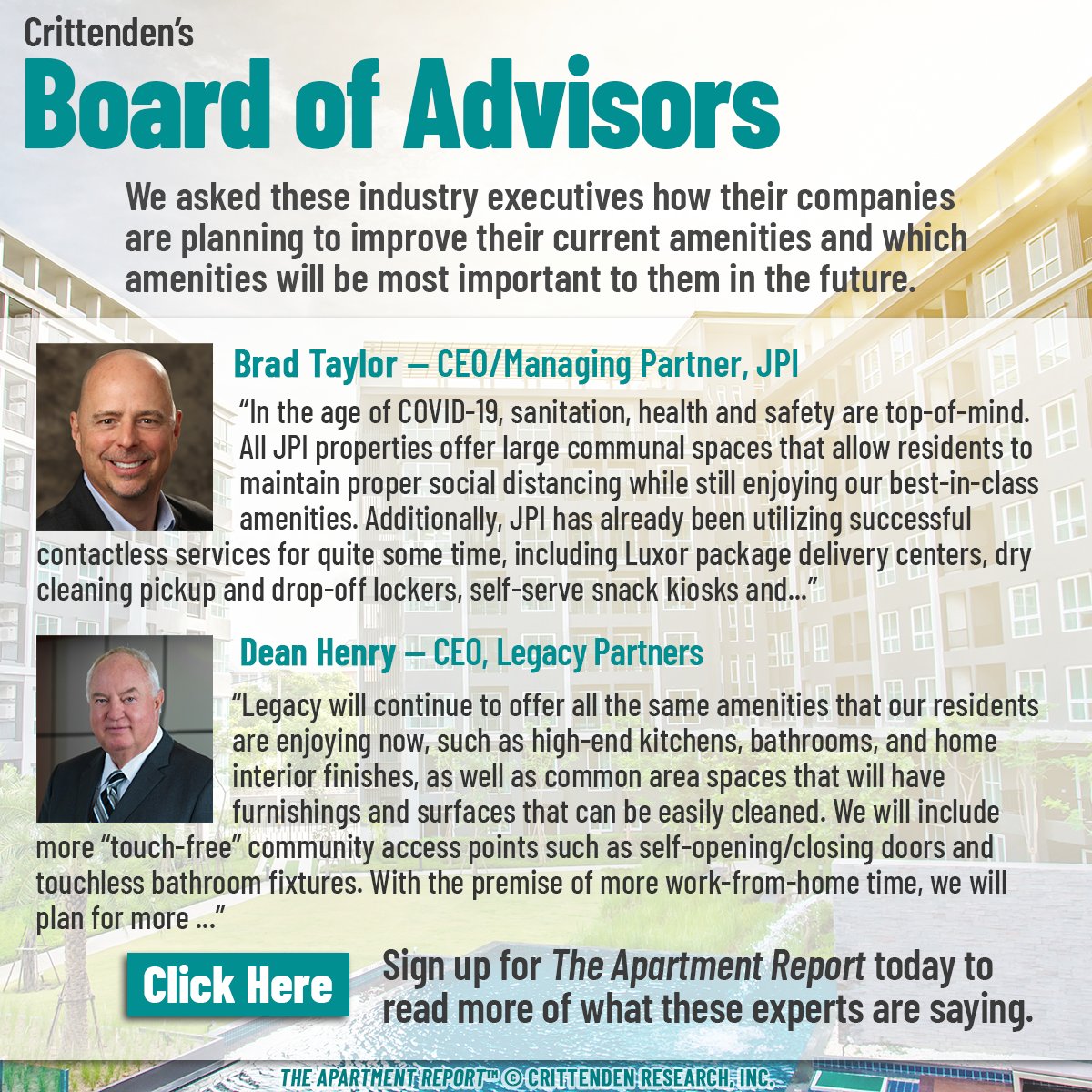 This is Crittenden’s Board of Advisors recently featured in our Apartment Report. Our Multifamily professionals are Brad Taylor, CEO at JPI and Dean Henry, CEO at <a href="/LegacyPartners/">Legacy Partners</a> - Get more at crittendenonline.com/multifamilymem…