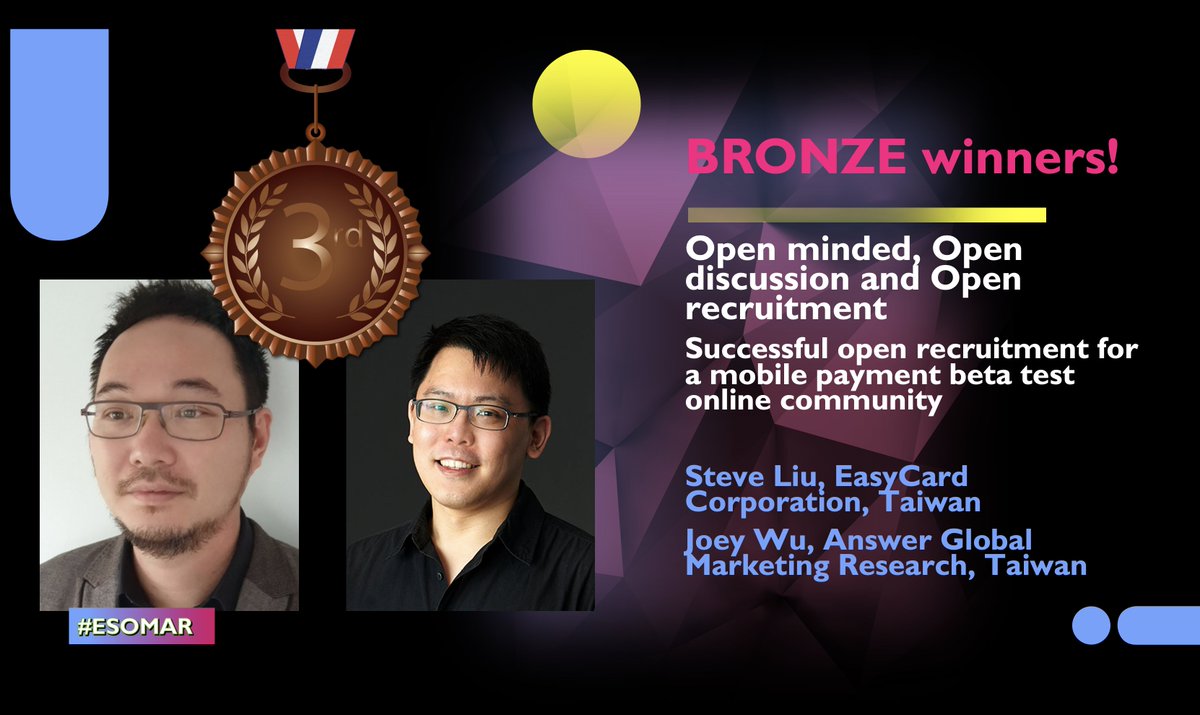 🎉 Congratulations to Bronze winners of the 2020 #ESOMAR Research Effectiveness Awards Steve Liu, EasyCard Corporation, Taiwan and Joey Wu, Answer Global Marketing Research, Taiwan  🍾 #InsightsFest2020
#MRX