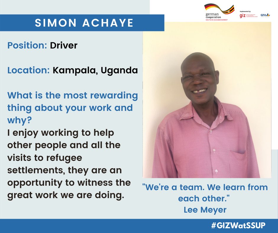 GIZWatSSUP's tweet photo. Today on #MeettheWatSSUPTeam we are happy to introduce you to our driver, the fantastic and most senior GIZ driver we have in Uganda ,☀️👍🏽Simon Achaye! @giz_gmbh #GIZ #WatSSUP https://t.co/RrFjXfV1yH