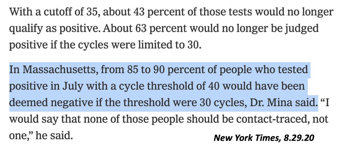 It's also now widely reported that the most common test is improperly calibrated. It's much too sensitive & finds trace amounts of inactive virus in people who stopped being infectious weeks ago. Consequently, we over-count positives by as much as 10X. 2/