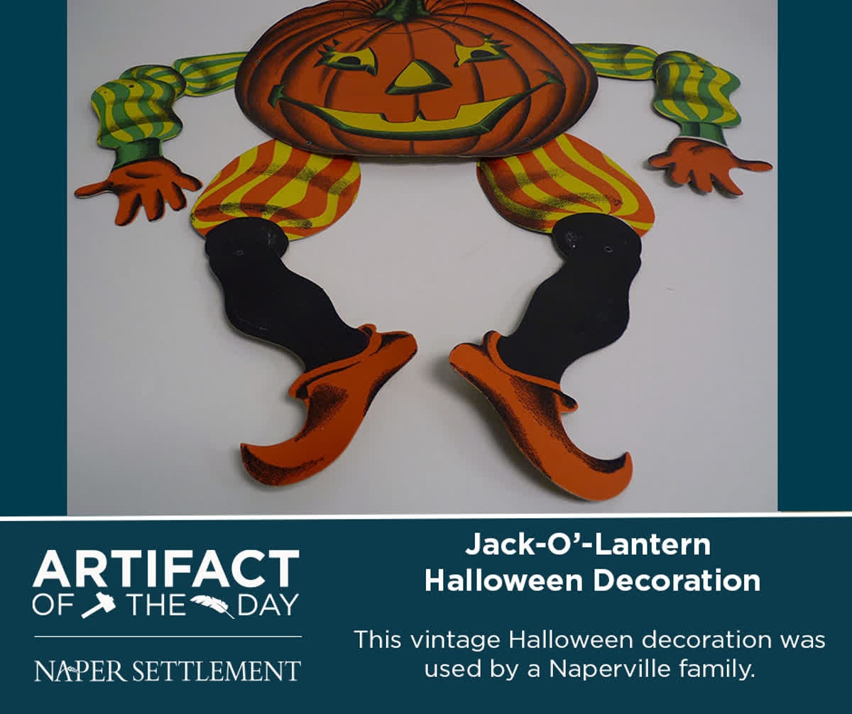 It's almost spooky season! This vintage (likely made before 1960) jack-o’-lantern with jointed arms and legs was a Halloween decoration used by a Naperville family. It was made by the Beistle Company, one of the largest manufacturers of Halloween decorations in the United States.