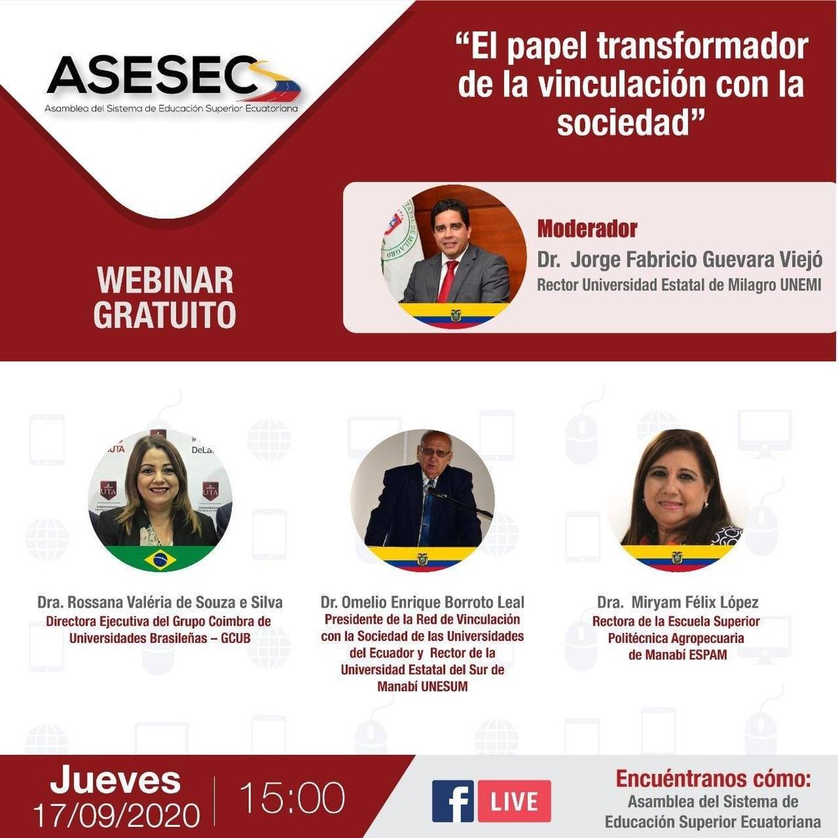 UNEMIEcuador's tweet photo. Inscríbete en https://t.co/9jz1Wr2xX2 para participar del #Webinar gratuito, organizado por la Asamblea del Sistema de Educación Superior del Ecuador #ASESEC, sobre "El papel trasformador de la Vinculación con la Sociedad".

Hoy, 17 de septiembre de 2020. 15h00.

¡Los esperamos! https://t.co/83QCvheicK