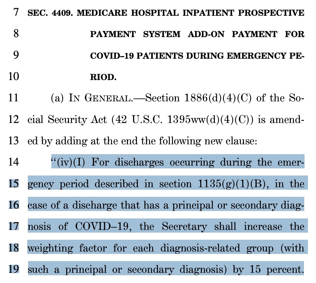 Struggling hospitals are incentivized via the CARES Act to designate as many patients as "CoV2+" as they can. There's an additional reimbursement for each C19 patient treated. Plus, there's a bonus pool of up to $77K/patient for those hospitals that have high numbers of them. 5/