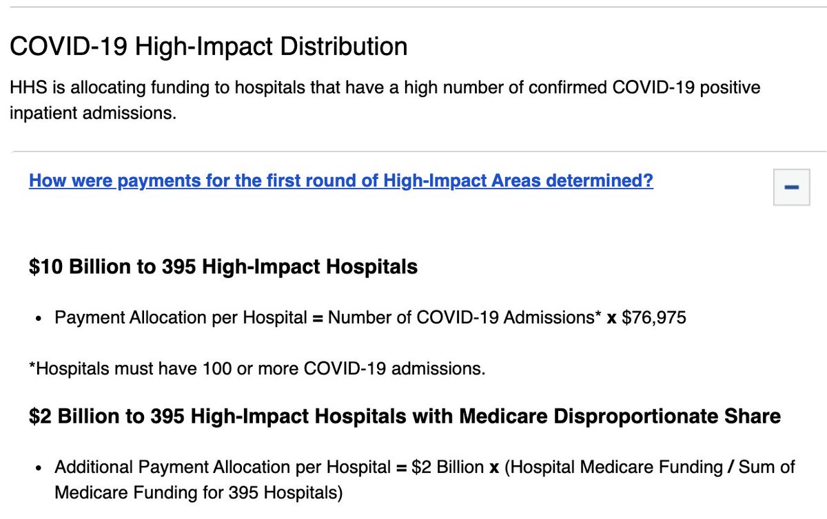 Struggling hospitals are incentivized via the CARES Act to designate as many patients as "CoV2+" as they can. There's an additional reimbursement for each C19 patient treated. Plus, there's a bonus pool of up to $77K/patient for those hospitals that have high numbers of them. 5/