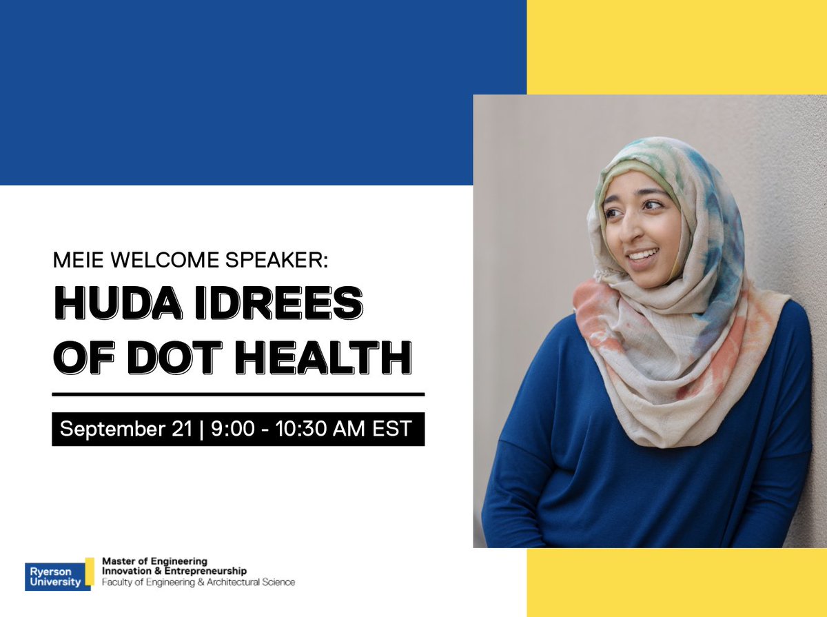 .<a href="/hidrees/">Huda Idrees</a> (Huda Idrees)—#engineer, Founder &amp; CEO of <a href="/DotHealth/">Dot Health</a>, and #tech trailblazer, is giving a talk to the students of  
<a href="/RyersonU/">Ryerson University</a> on Monday. Reserve your spot ASAP.
🗓️ Sept 21
🕡 9-10:30 AM
🎟️ eventbrite.com/e/120901267947
💲 Free
