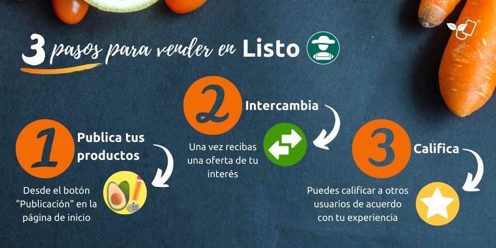 Para publicar tus productos agrícolas en #Listo, simplemente tienes que seguir estos 3 pasos: ¡Crea, intercambia y califica! Y con tan solo unos clics podrás promocionar tus productos en Listo.
soylisto.app
#CampoColombiano
