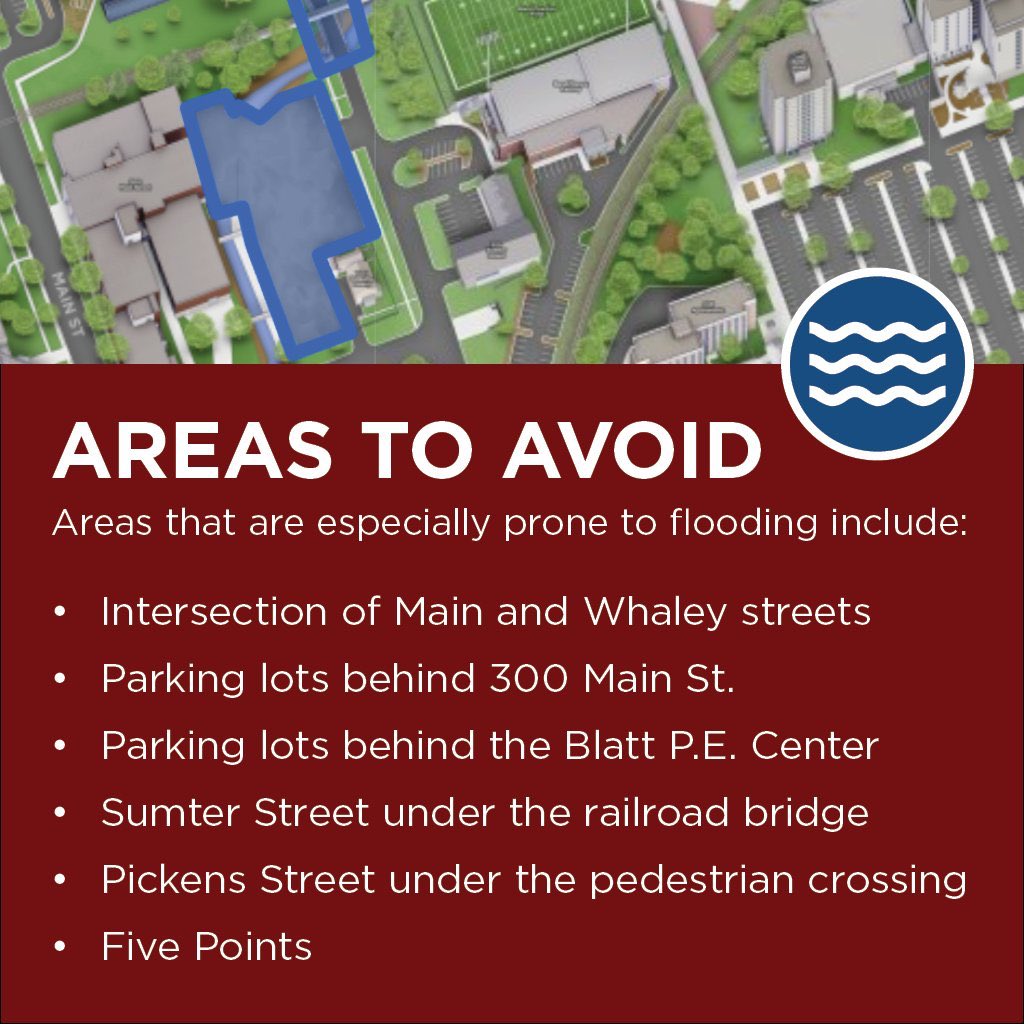UofSCGateway's tweet photo. Attn Gamecocks! Please be cautious as the affects of Hurricane Sally move through the area today and tomorrow. We are currently in a Flash Flood Warning and you should avoid the following areas. https://t.co/DikQCTJMEo