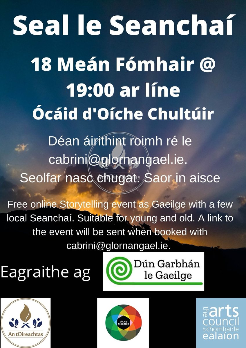 Dún Garbhán le Gaeilge (@dglegaeilge) on Twitter photo Táimid ar bís a bheith páirteach in #OicheChultuir amárach le scéalaiocht & seanchas ós na Déise. Cuirfear taifead den ócáid ar fáil ina dhiaidh ar facebook.com/DunGarbhan/
We are delighted to take part in <a href="/CultureNight/">Culture Night</a> with stories & seanchas from the Déise. Grma <a href="/OirnaGaeilge/">An tOireachtas</a> Táimid ar bís a bheith páirteach in #OicheChultuir amárach le scéalaiocht & seanchas ós na Déise. Cuirfear taifead den ócáid ar fáil ina dhiaidh ar facebook.com/DunGarbhan/
We are delighted to take part in <a href="/CultureNight/">Culture Night</a> with stories & seanchas from the Déise. Grma <a href="/OirnaGaeilge/">An tOireachtas</a>