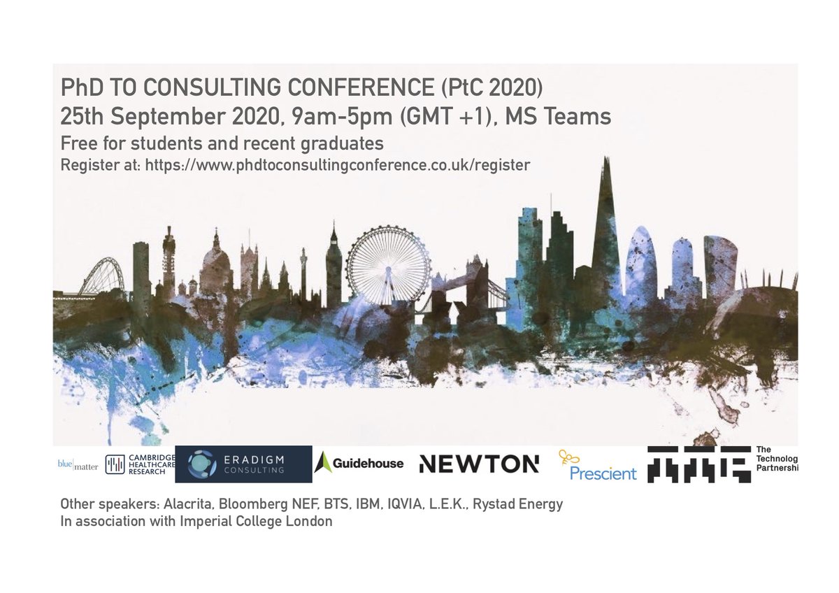 QMUL_ResDev's tweet image. The 8th annual PhD to Consulting Conference (#PtC20 - for PhD students and Postdocs) will now be a virtual conference on 25.09.20 - attracting top general consulting companies in all disciplines. visit: phdtoconsultingconference.co.uk
