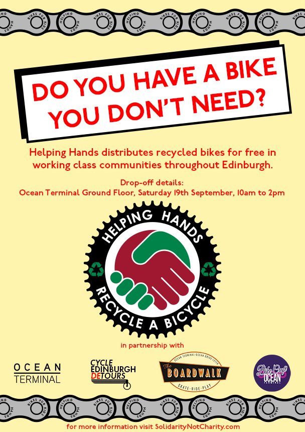 EdiHelpingHands's tweet photo. ♻️Recycle A Bicycle♻️
THIS SATURDAY BIKE DROP OFF @Ocean_Terminal.

We will be easy to find outside @Gap on the ground floor between 10am-2pm.

Bikes for all ages accepted.
https://t.co/W1HRoRqVKQ https://t.co/FthK5GTmmQ