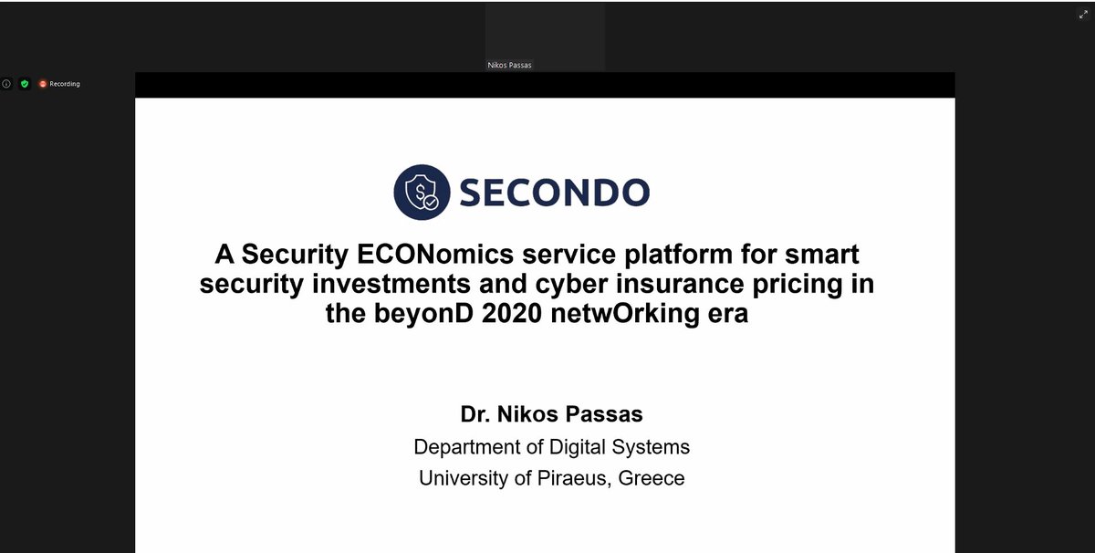 H2020Secondo's tweet photo. Nikos Passas from @uoaofficial is presenting, "#SECONDO β A Security ECONomics service platform for smart security investments and cyber insurance pricing in the beyonD 2020 netwOrking era".
For more info:π https://t.co/C5okOJnC5L
#DeSECSyS #workshop #CyberSecurity #project https://t.co/rKBje42x1G