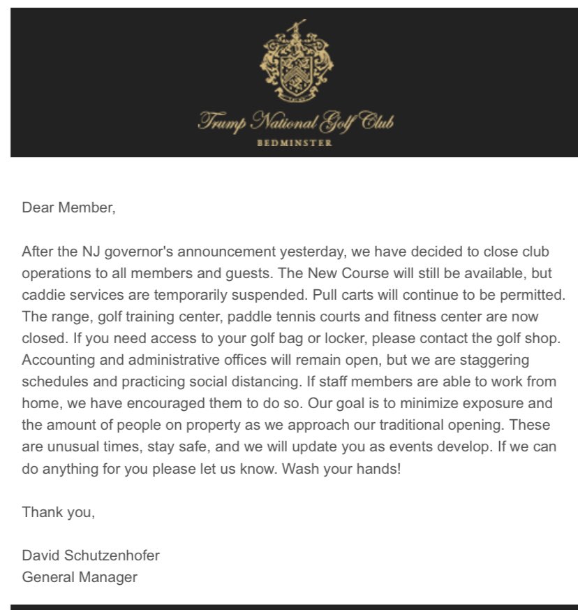Heres the email from Trump Bedminster’s GM, announcing the club was closing for covid on 3/17/20.And here are two bills, showing  @realdonaldtrump’s club charging the Secret Service about $16,000 while the club was shuttered.Why? Trump Org wouldn’t say.