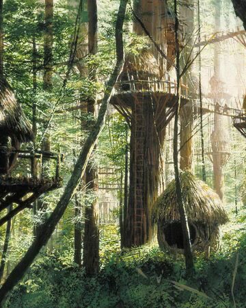 Picture of the Ewok tree village on the moon Endor from Return of the Jedi.