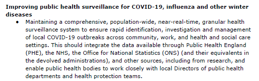 Improving public health surveillance:"Maintaining a comprehensive, population-wide, near-real-time, granular health surveillance system to ensure rapid identification, investigation and management of local COVID-19 outbreaks across community, work, and health and social care".