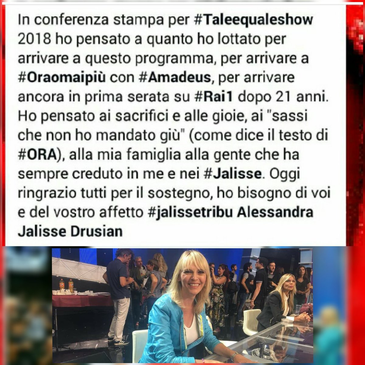 francesca_ff's tweet photo. La mia conferenza stampa preferita, piu attesa,più amata.....sei stata SpaziALE, per noi per sempre n.1 dei nostri Cuori!💖💖💖💙🤟
#taleequaleshow #raiuno #carloconti #grazie #alessandradrusian #lajalissa #iljalisso #ricordi #meravigliosa #aletuttalavita #jalissetribu https://t.co/PGEbsXCfwu
