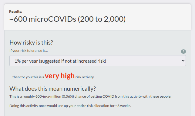 I'm using the  @microcovid tool ( https://www.microcovid.org/&nbsp; ) to help decide whether to get a dental cleaning, and I'm not quite sure how to put this in as a custom scenario... Using the "worst" options, it estimates a "very high" risk of 600 microcovids: