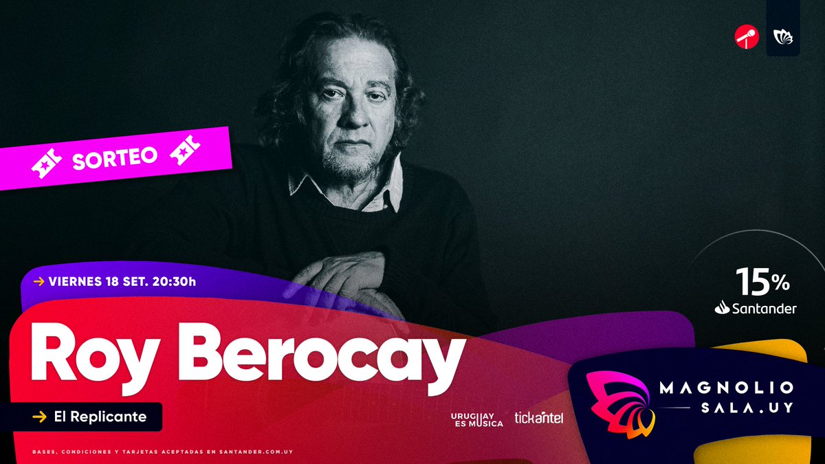 🎸 ¡Sorteo! 

Regalamos dos entradas dobles para el show de Roy Berocay en Magnolio Sala.

📲 Para participar tenés que darle RT a este tweet.

Últimas entradas en magnoliosala.uy 🎫