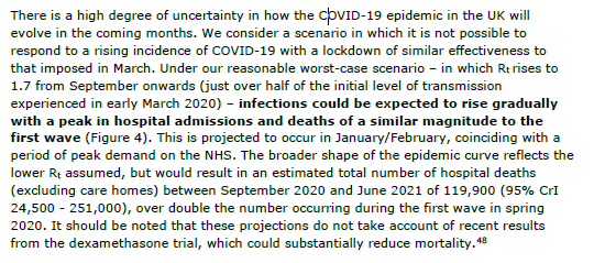 "The broader shape of the epidemic curve reflects the lower Rt assumed, but would result in an estimated total number of hospital deaths (excl. care homes) between September 2020 and June 2021 of 119,900 ... over double the number occurring during the first wave in spring 2020
