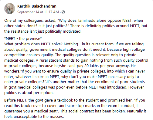 anantha's tweet photo. Daily I see someone here ask these questions - “Why does Tamilnadu alone oppose NEET, when other states don’t? Is it just politics?” 
Here is a worthy answer - https://t.co/ShGE6d1c2L
(P.S: If you are not FB, see screenshots) https://t.co/Tlv43bJDUm