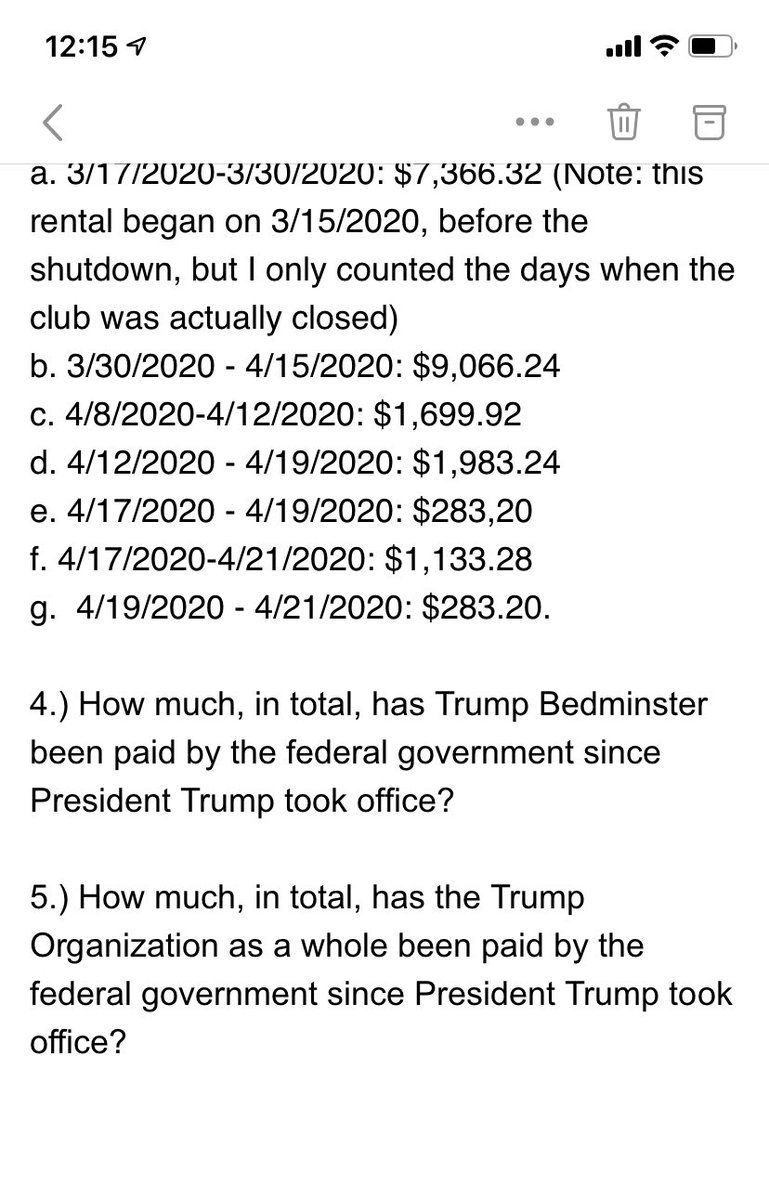 Here are the questions we sent  @realdonaldtrump’s company for this story. Note #1– If they have *any* evidence to back up their claim to charge taxpayers super-cheap rates, I want to see it! (Trump Org didn’t respond to these questions. I’ll let you know if they do.)
