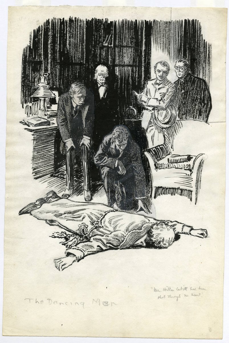 Some cutting & pasting in this Steele illustration for "The Dancing Men"  @SherlockUMN  @umnlib. It's slightly different than the one found in Collier's Magazine, December 5, 1903. "The local surgeon, an old, white-haired man" looks a bit frazzled. No masks.  http://purl.umn.edu/99031 