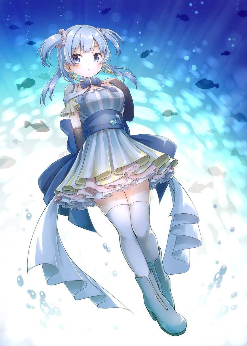 1girl solo thighhighs blue hair white thighhighs magical girl dress  illustration images