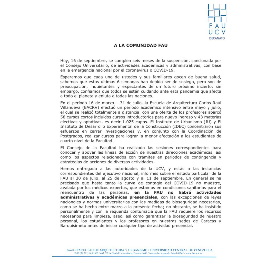 FAUUCV's tweet photo. #MENSAJE a los profesores, empleados, obreros, estudiantes y egresados de la FAU.

Gustavo Izaguirre Luna
@gilarquitecto 
Decano

#QuédateEnCasa
#LaFAUContigaEnCasa https://t.co/Z6Kltl9qFz