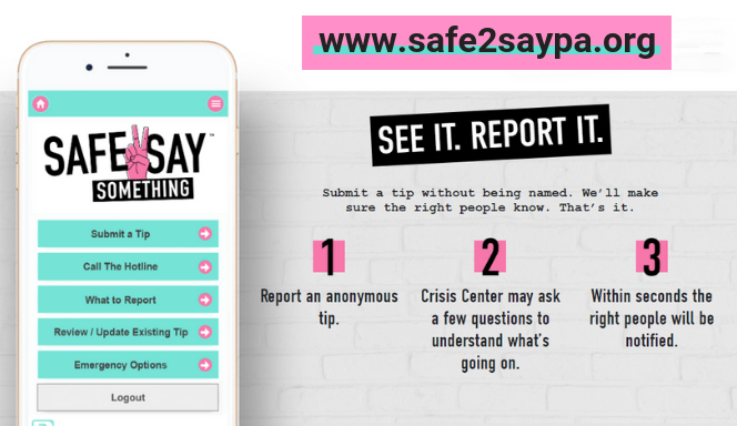 #Safe2SaySomething = a violence prevention program that helps youth and adults recognize warning signs and signals (especially within social media) from those who may be a threat to themselves/others and say something anonymously ASAP.

Learn more: safe2saypa.org