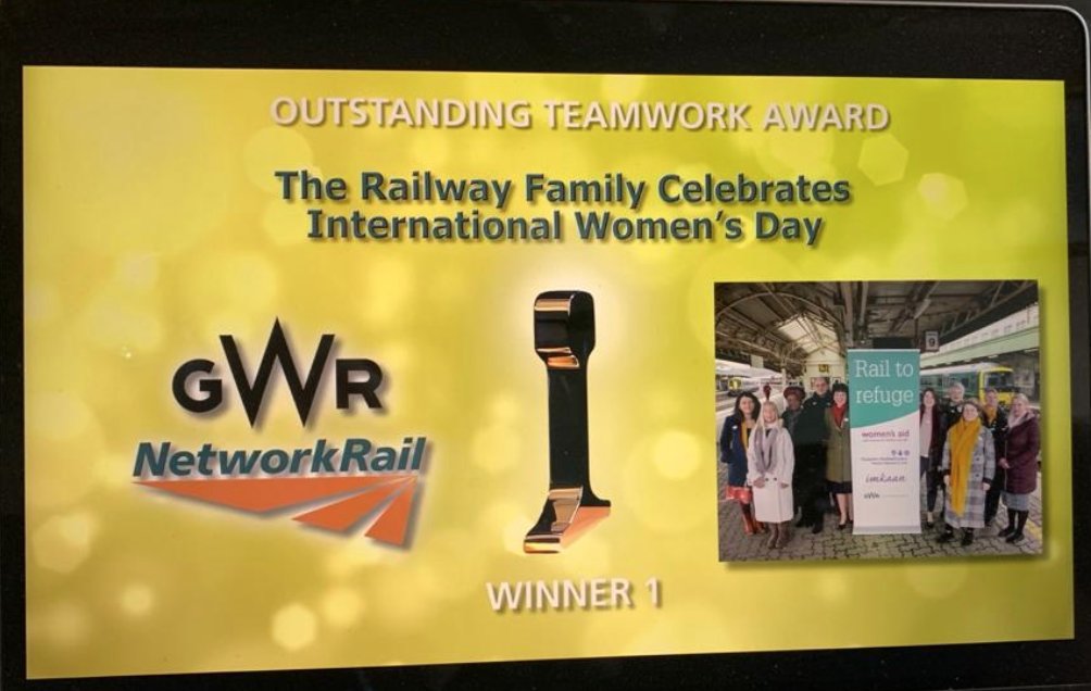 SwindonWA's tweet photo. Fantastic achievement @GWRHelp @networkrail for winning this category at the @rail #NRAv Your dedication particularly to the @RailDeliveryGrp #RailToRefuge scheme has played a massive part in keeping #DomesticAbuse victims safe. Huge well deserved congratulations all round👏👏👏 https://t.co/lneliWKO2z