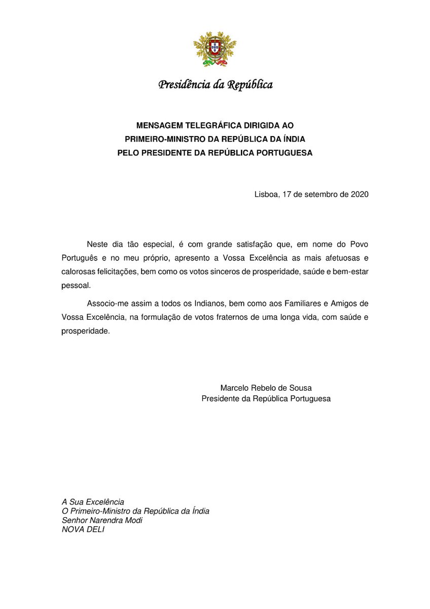 PMOIndia's tweet photo. Birthday wishes from the Honourable President of Portugal, Mr. Marcelo Rebelo de Sousa to PM @narendramodi. https://t.co/TYFO0rVw44