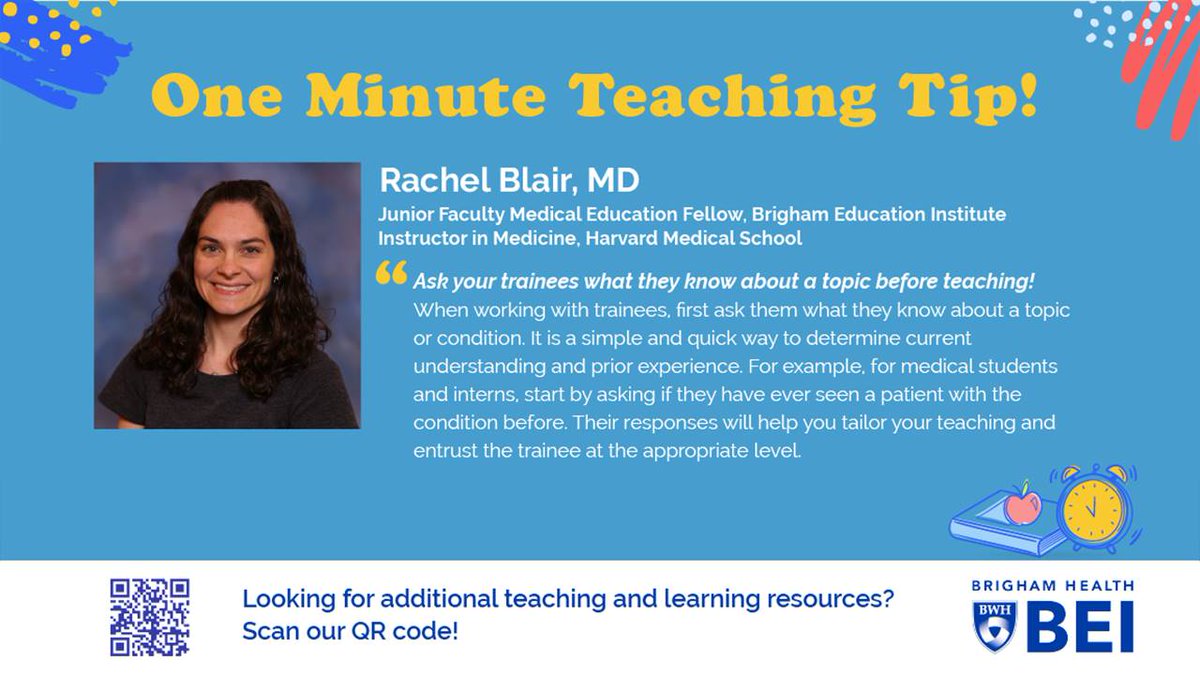 Brigham Education Institute (@brighambei) on Twitter photo We offer a “One Minute Teaching Tip” each week to help you grow as an educator!
This week #BrighamBEI Junior Faculty #MedEd Fellow <a href="/RachelBlairMD/">Rachel Blair</a> reminds us to ask trainees what they know about a topic before teaching!
#MedTwitter #HPE <a href="/BrighamWomens/">Brigham and Women's Hospital</a>
bit.ly/BEITeachTips We offer a “One Minute Teaching Tip” each week to help you grow as an educator!
This week #BrighamBEI Junior Faculty #MedEd Fellow <a href="/RachelBlairMD/">Rachel Blair</a> reminds us to ask trainees what they know about a topic before teaching!
#MedTwitter #HPE <a href="/BrighamWomens/">Brigham and Women's Hospital</a>
bit.ly/BEITeachTips