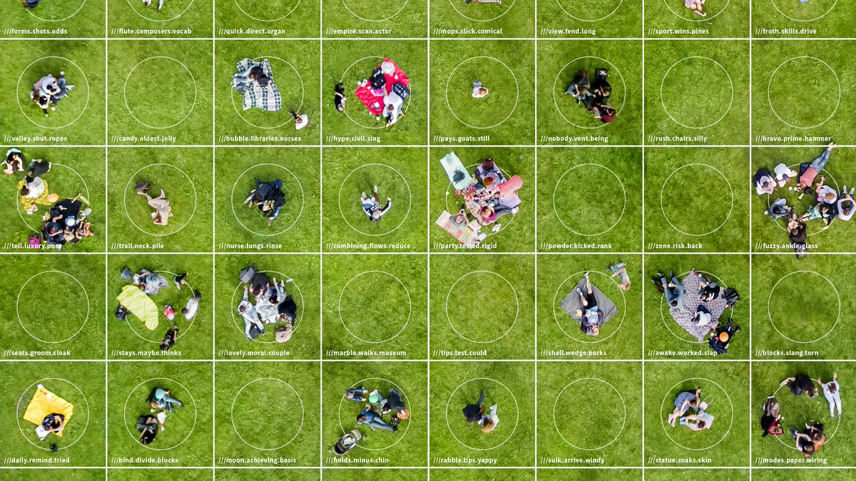 an aerial view of socially distant picnics in the park. Each group occupies a different 3m square and has a different what3words location