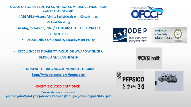 CDETweets's tweet photo. .@USDOL's Office of Federal Contract Compliance Programs' Southeast Region will celebrate #NDEAM with a virtual meeting on Oct. 6 at 11 a.m. EST. DOL's #ODEP &amp; Excellence in Disability Inclusion Award winners @PepsiCo &amp; @CVSHealth will be featured. https://t.co/u1qijfrj0F https://t.co/rFAnU5yqN4