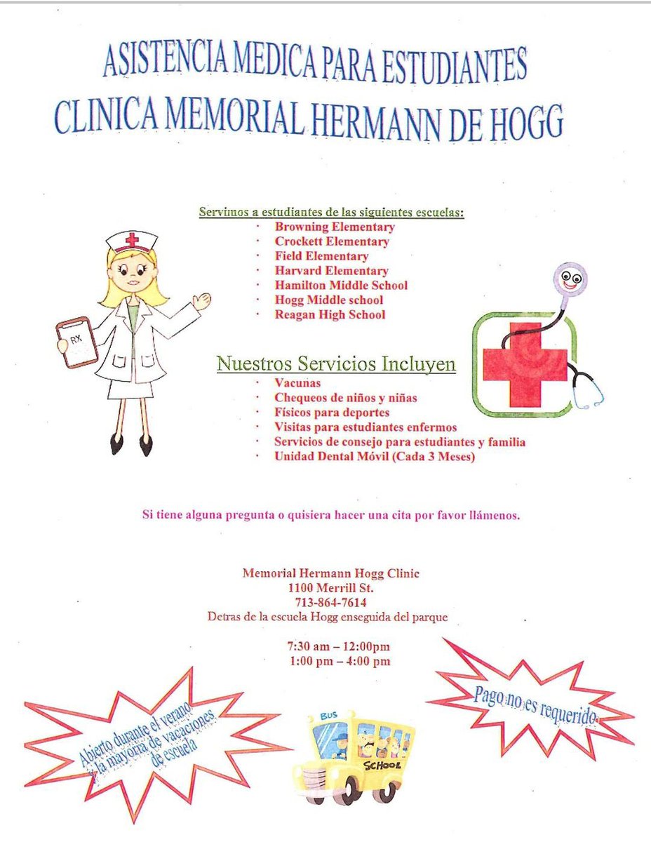 HamiltonMS1's tweet photo. Healthcare for Student available at Hogg Clinic. See flier for more information. Atención médica para estudiantes disponible en la Clínica Hogg. Consulte el folleto para obtener más información. @Northwest_HISD @Garibaldi3HISD https://t.co/Y07v0ca0bb