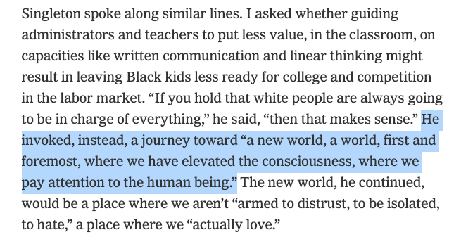 Or objectivity-denying utopia of "antiracism" trainer Glenn Singleton, wherein racist "hallmarks of whiteness" such as "written communication" and "cause and effect" are abolished in favor of "elevating the consciousness"