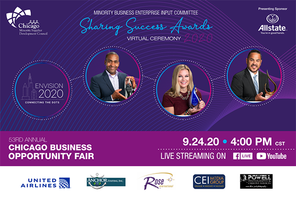 ChicagoMSDC's tweet photo. ChicagoMSDC presents the 2020 MBEIC Sharing Success Awards on September 24th at 4:00 pm CST. #CBOF53 https://t.co/jBe6xUo60r https://t.co/4Hg2GY5GWc