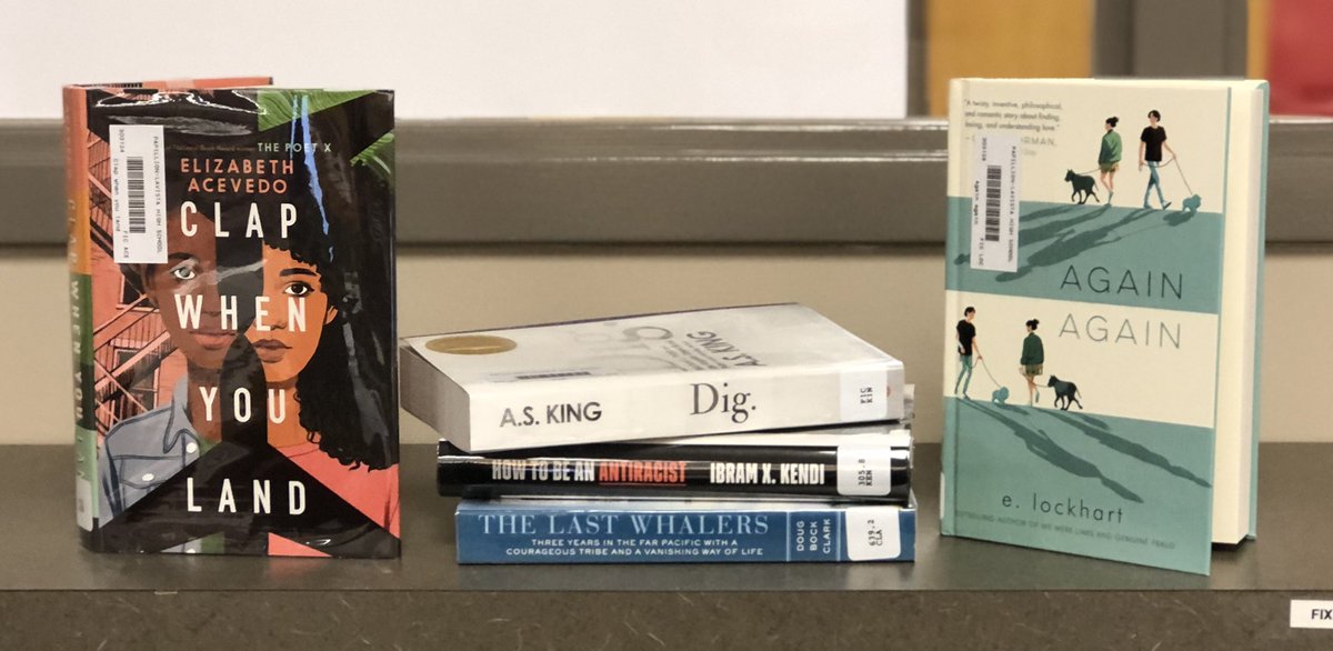 Books in photo: Clap When You Land, Dig, How to be an Antiracist, The Last Whalers, and Again Again