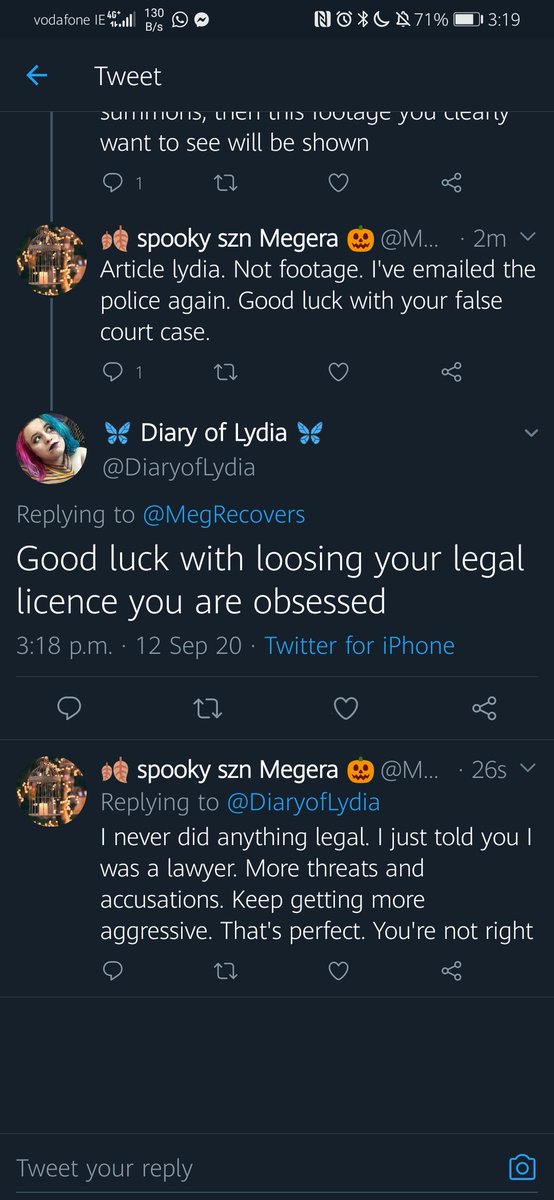 5. Lydia's threats against me5.1Lydia has made a number of threats against me including suing me, calling the police and having my legal practice licence taken away, despite the fact that Im not practicing and a am qualified lawyer. I'm currently a secretary