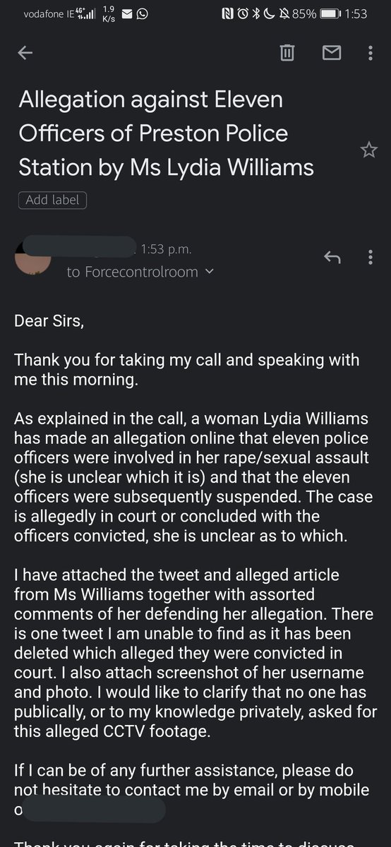 3.4 (2/3)This officer explained that while if there was a case, he couldn't give me any details but confirmed this did not happen. As lydia kept going, I sent a further email to be phoned back by a member of Preston dpt who categorically confirmed this as false.