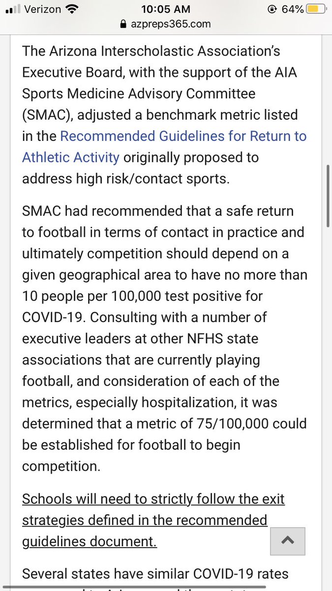 Per <a href="/AZPreps365/">AZPreps365</a> <a href="/DavidHinesAz/">David Hines</a> The AIA executive board moves positive test COVID metric from 10 people per 100,000 to 75/100,000 for football to begin competition‼️<a href="/AZHSFB/">ArizonaVarsity.com 🔥PREPS🔥</a> <a href="/gridironarizona/">Gridiron Arizona</a>