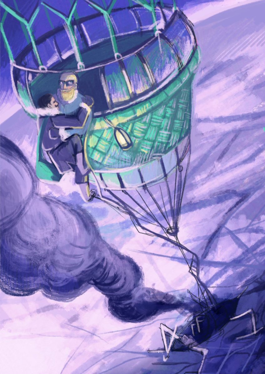Gilaniath's tweet photo. Jean Passepartout and Vitti Jokinen's North Pole picnic. #Illustration of a scene from 
@inkleStudios's fantastic game 80 Days, which retells Jules Verne's classic as an interactive steampunk adventure. https://t.co/rBLg7WtaVH