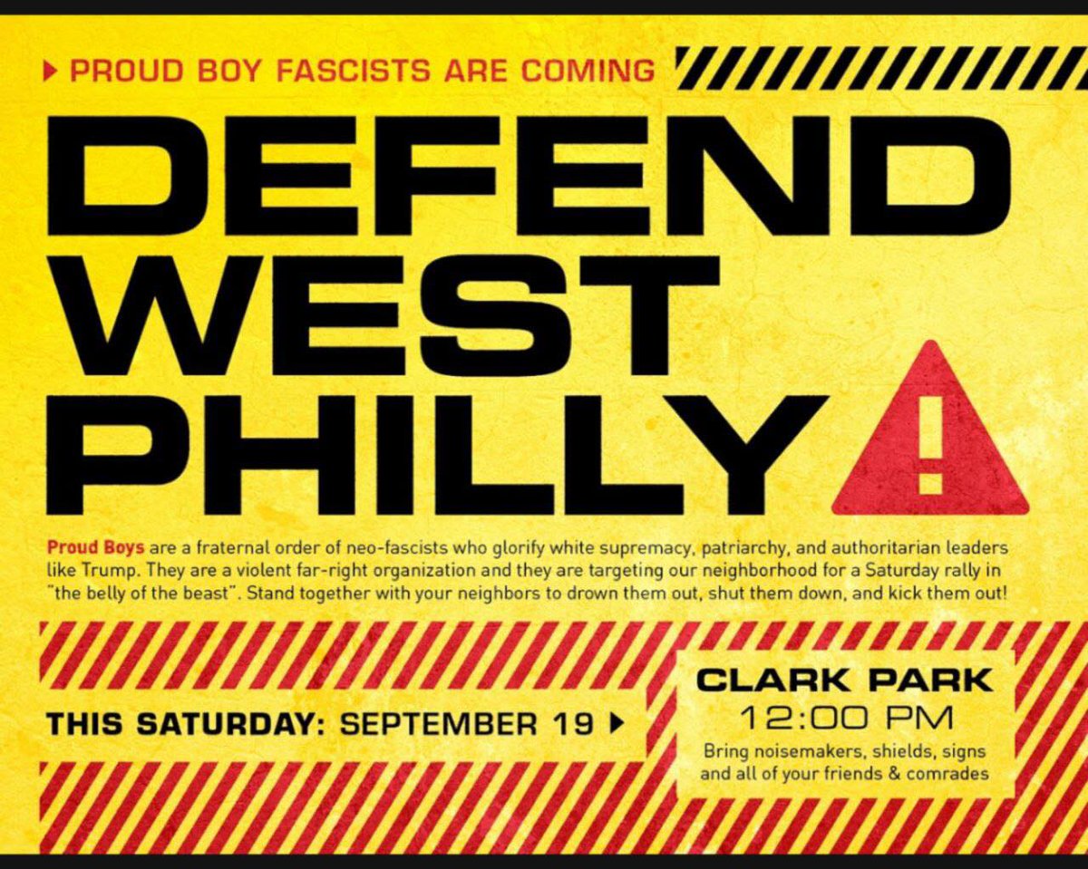 So this Saturday 9/19, members of the Philadelphia Proud Boys claim to be gathering at Clark Park in West Philly. A pair of community actions have been planned at the park in response. Tensions are high, so let's dispel fear with information: Who are the Proud Boys?