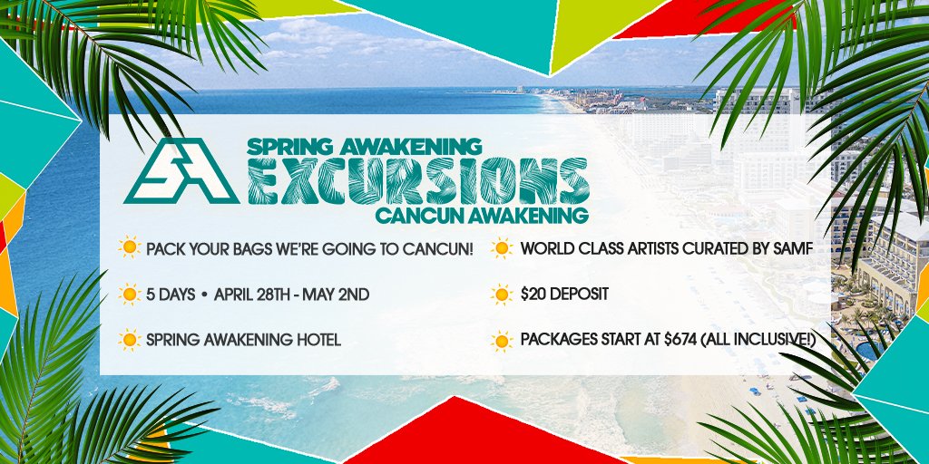 SpringAwakeFest's tweet photo. βοΈ ANNOUNCEMENT: βοΈ Spring Awakening: Excursions...in Cancun π²π½ 5 DAYS/4 NIGHTS of ALL-INCLUSIVE music, parties, hotel, food, and drinks Raising hands Register for early access. VERY LIMITED PACKAGES AVAILABLE!
π https://t.co/RPqj9ZijH5
#SAMFcancun #SAMFX #Pollenx https://t.co/7GGzvHQCnN