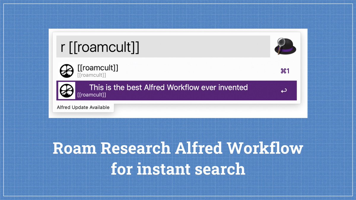 Love instant search and love  @RoamResearch? I built Roam <->  @alfredapp workflow:- Search locally = instant results- Paste any block content = Roam as snippet mgr- Go to URL = Roam as a bookmark mgrYour ideas at your fingertips. https://deliber.at/roam-alfred/ 