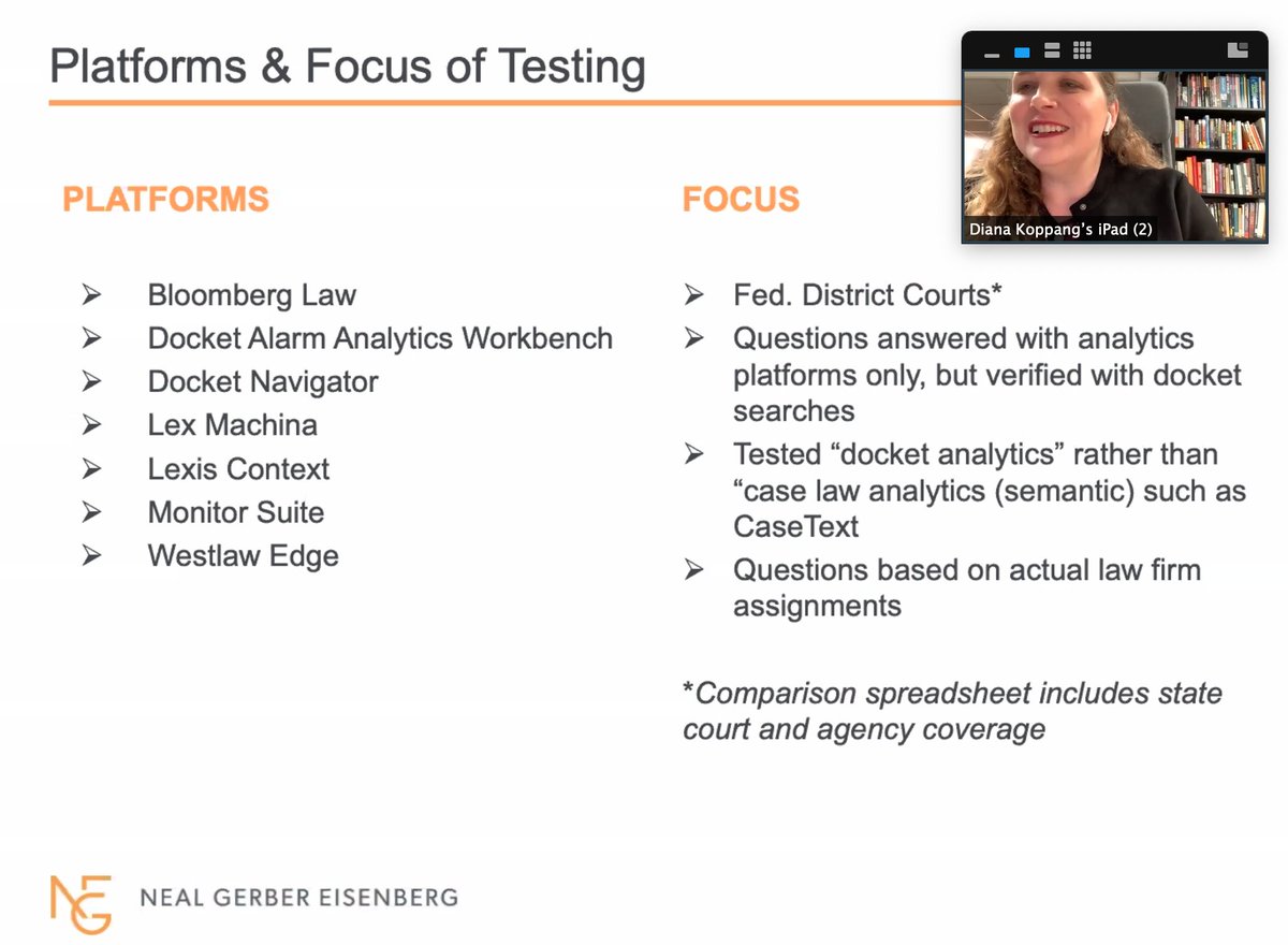 alexscrowley's tweet photo. Diana Koppang of @NGE_Law is next, speaking about work she did analyzing which platforms to use for #legalprediction. She led a team that tested litigation analytics tools. They researched 16 questions using each tool.
#NLawCS https://t.co/LRpyzEXM2o